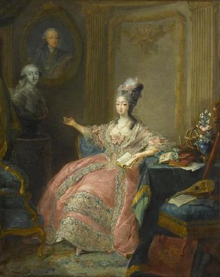 unknow artist Portrait of Marie Josephine of Savoy Countess of Provence pointing to a bust of her husband overlooked by a portrait of her father Sweden oil painting art